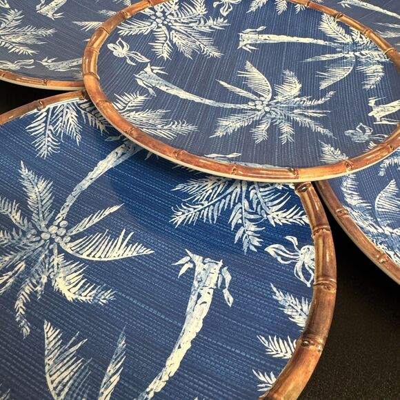 Members Mark Tropical Ikat Melamine Plate Set of 5 Blue Palm Tree Bamboo Trim - Picture 4 of 9
